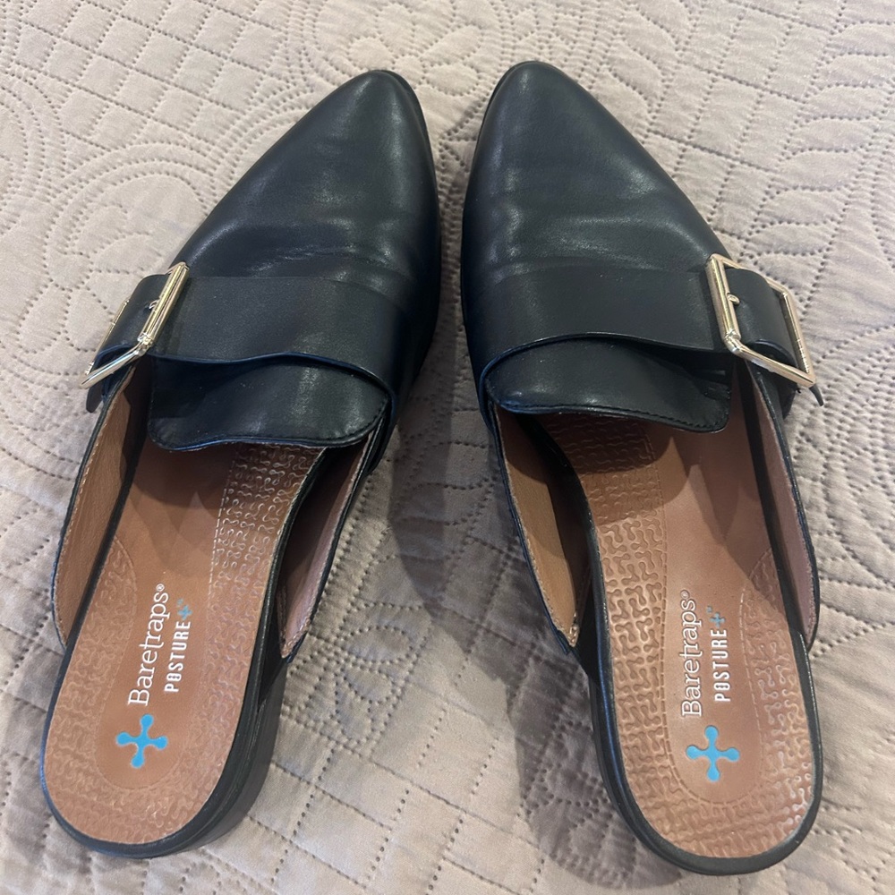 BareTraps Black Leather Slip-On Mules with Gold Buckle